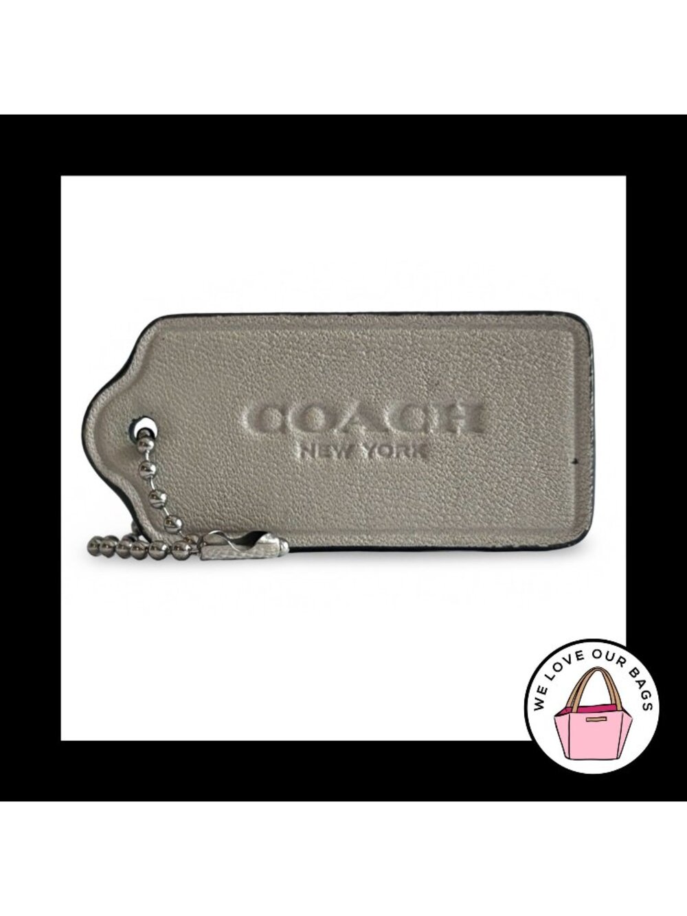 COACH HANG TAG 2.25" Taupe Beige Leather Bag Charm Keychain New York Gunmetal
